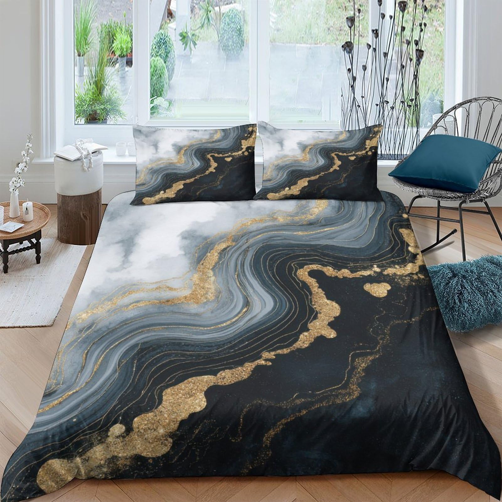 Ctjqhvkz Style-6 3D Printed Black Gold Marble Fitted Sheet Microfiber Soft Breathable Abstract Swirl Bed Cover For Bedroom Guest Room Decor Single（135X200cm）