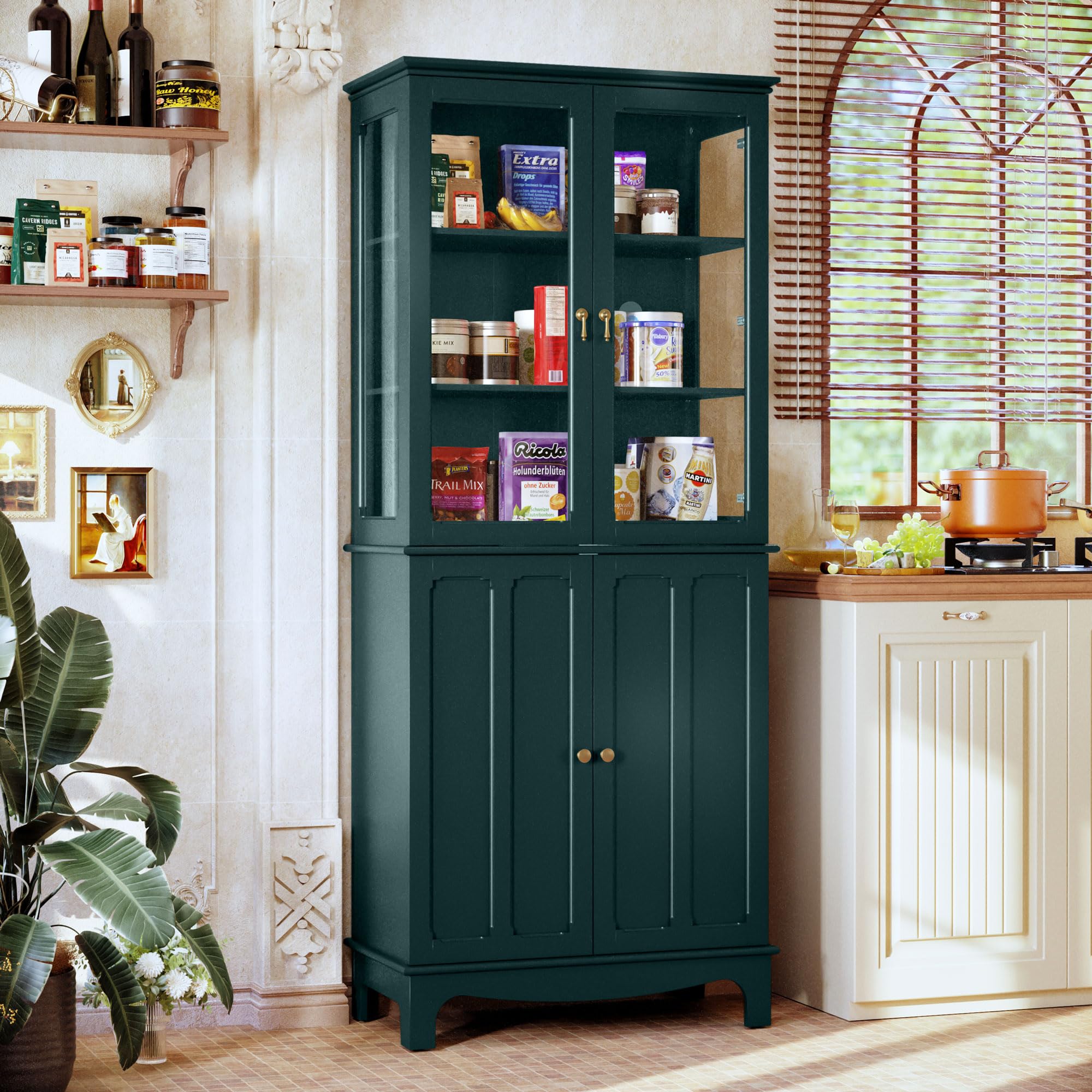 HOLTICO Vetrina Espositiva Soggiorno, Armadio Cucina Indipendente con Ante in Vetro e Legno, Cristalliera Classica con Ripiani Regolabili, Mobili Cucina per Collezionismo, Cucina e Soggiorno, verde