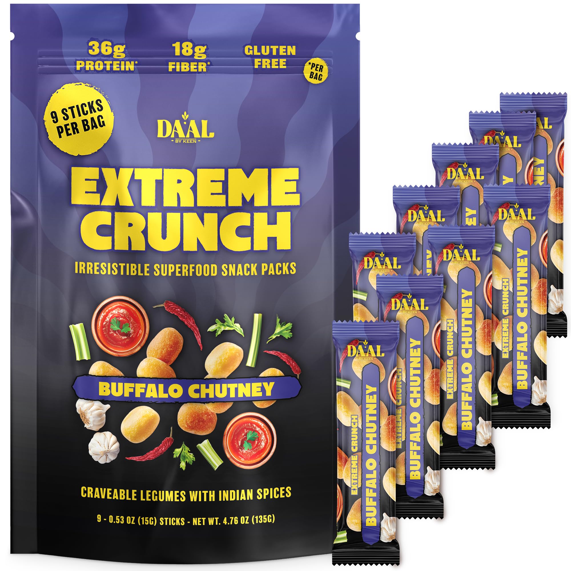 Daal Crunchy & Spicy Snacks – Vegan Snacks Made from Mung Beans – Gluten Free & Nut Free Moong Dal High Fiber Snacks Packed with 36g of Plant Based