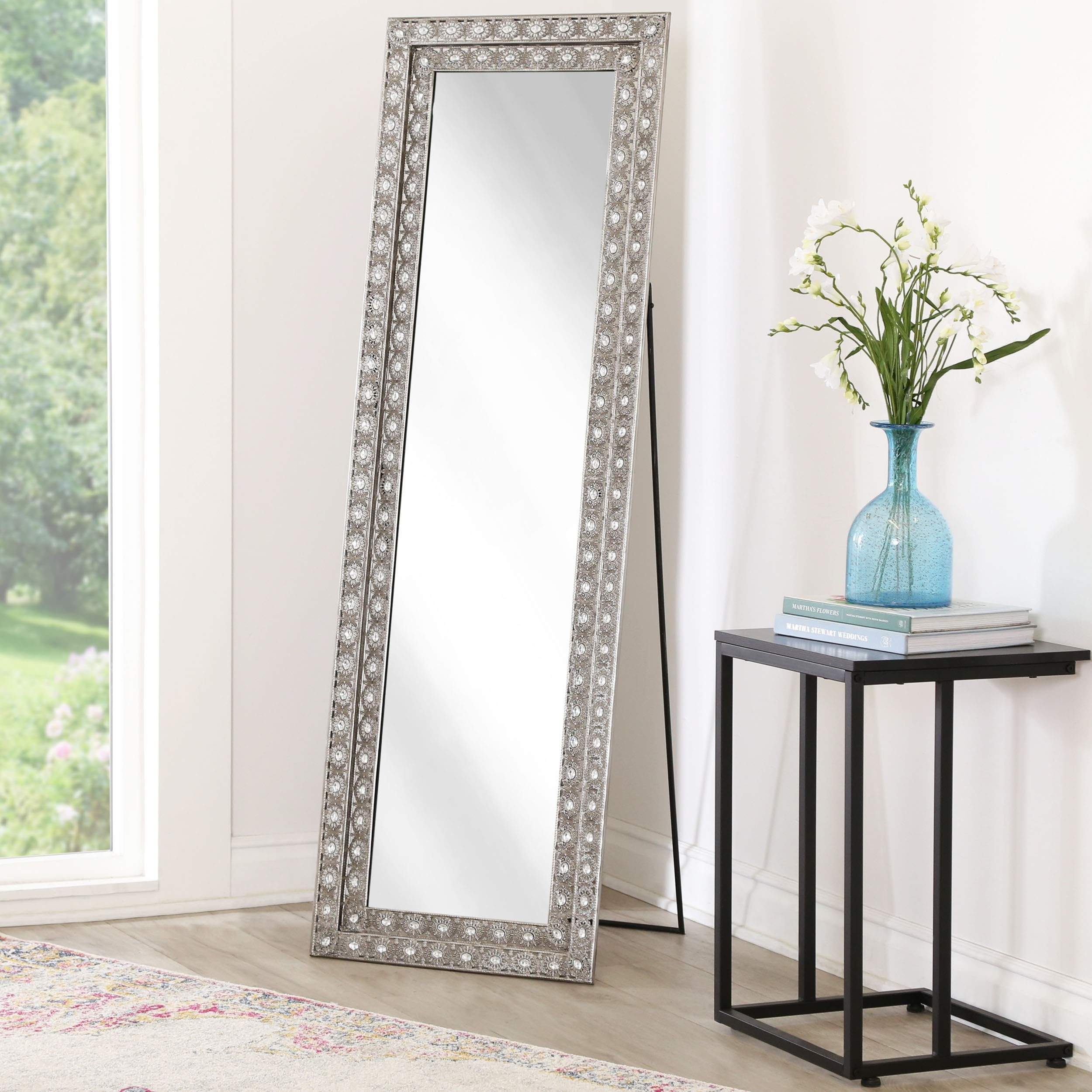 Abbyson Living Shana Full Length Leaning Glam Luxury Floor Mirror with Stand and Crystal Rhinestone Accents Full Size Living Modern Entryway Hall Room Decor Bedroom