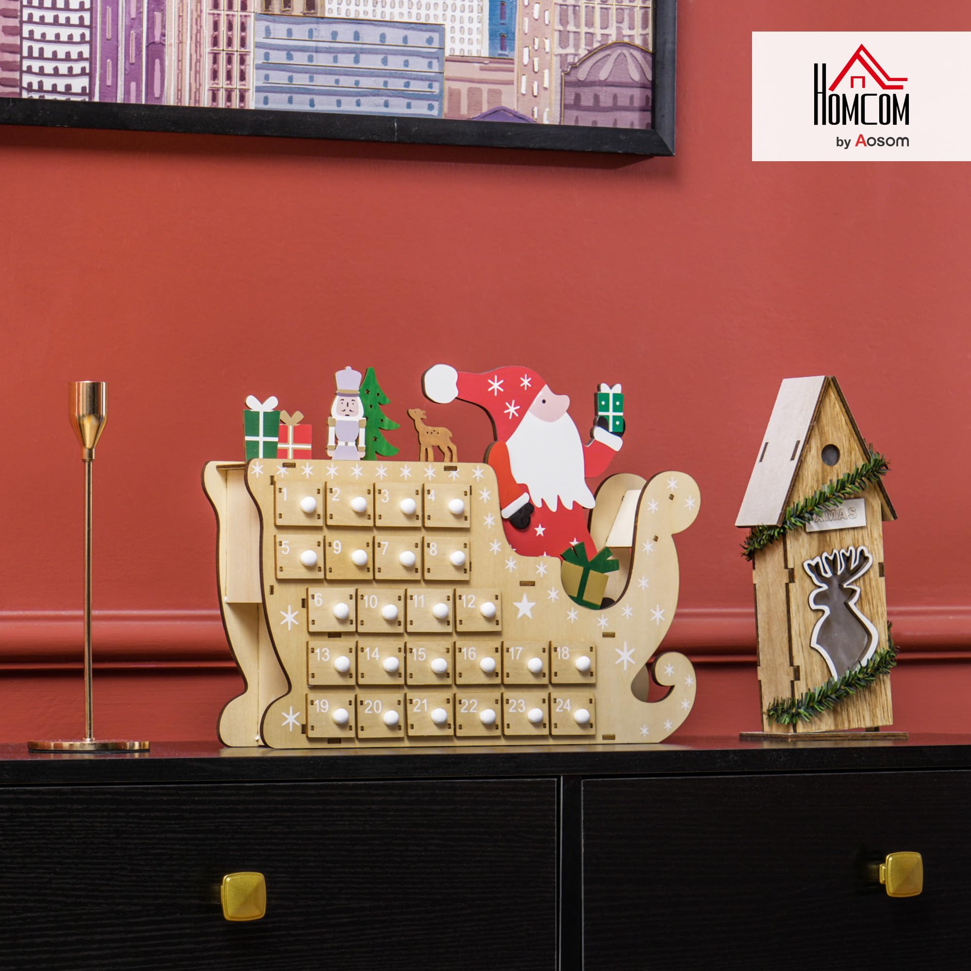HOMCOM Calendario de Adviento de Madera con 24 Cajones 22,5x8x36cm Natural | Calendario de Adviento de Navidad Reutilizable, Decorado con Papá Noel en Trineo, Decoración Navideña para Rellenar