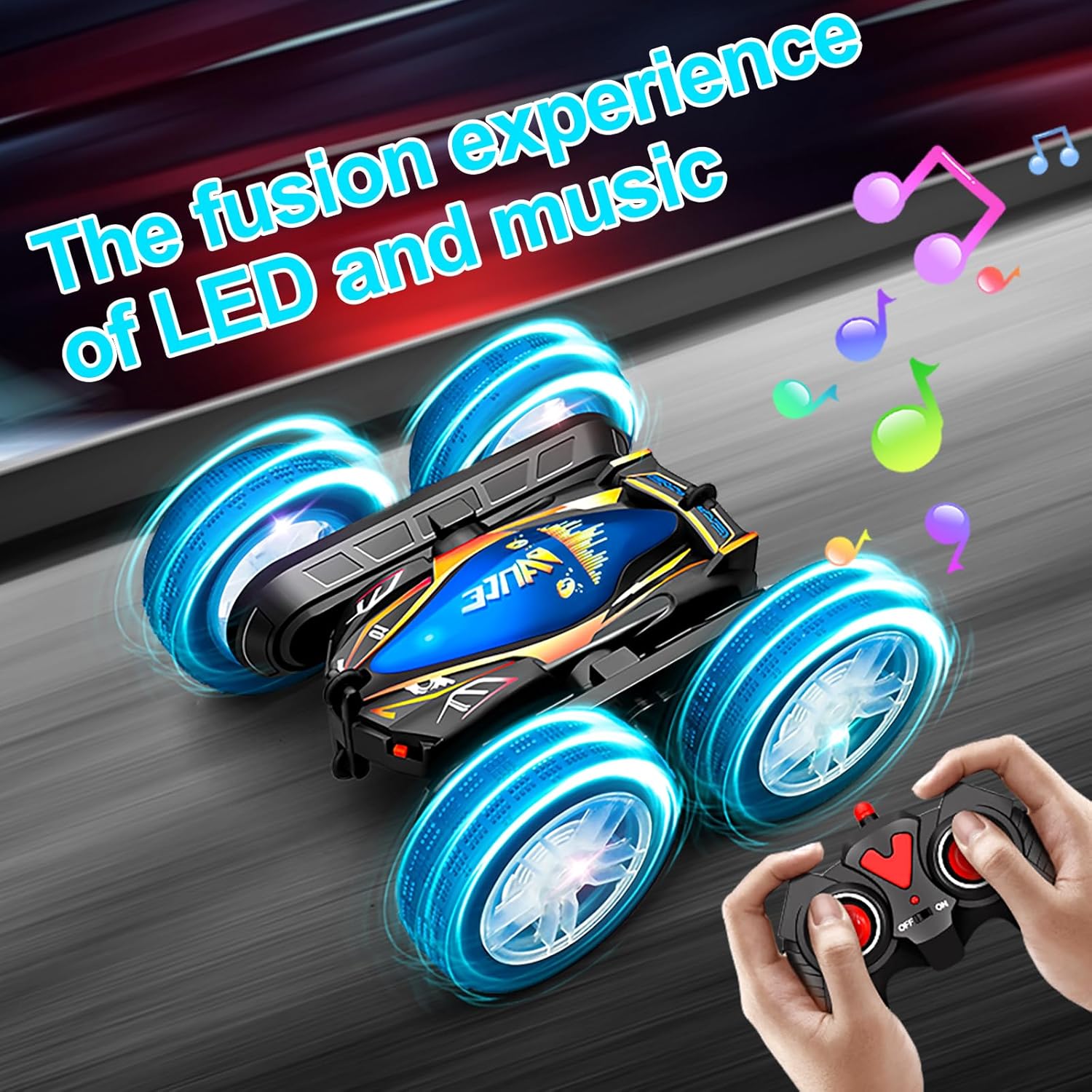 Remote Control Car for Kids Adults, 2026 RC Cars with LED Lights & Music, 4WD 360° Rotating Off-Road Vehicle, Dual Batteries, Double-Sided Stunt Toy Gift