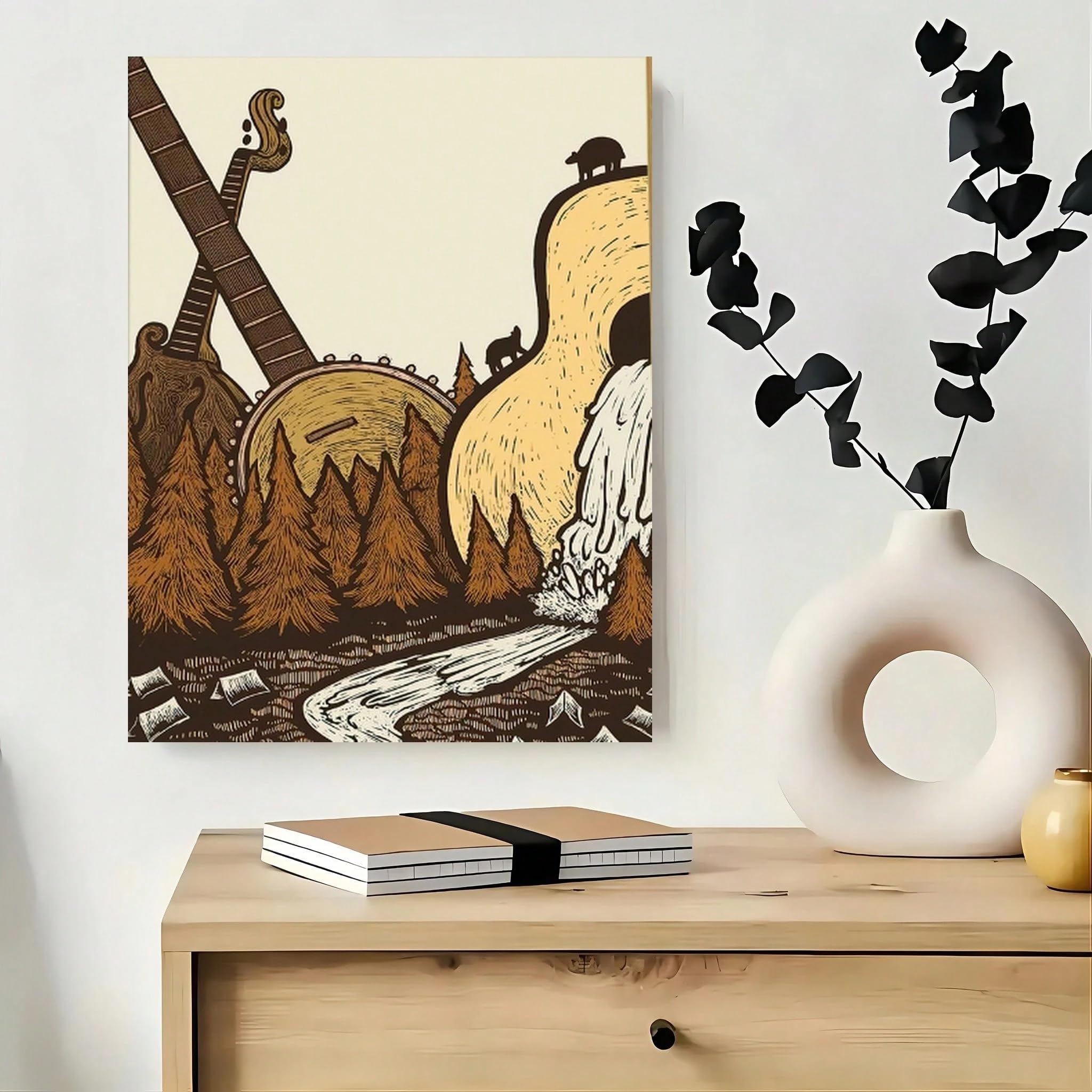 LYBCEOUG Quadro su tela con chitarra e paesaggio naturale a tema musica country (50x70 cm/con cornice)