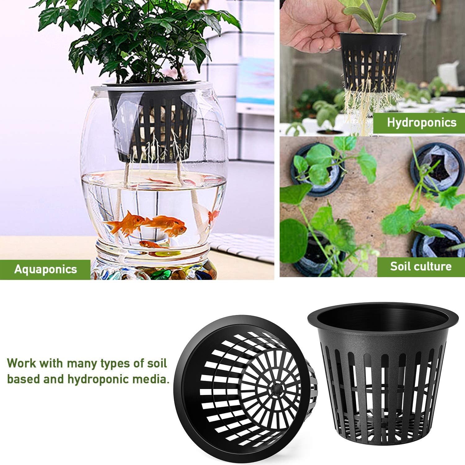 OAK LEAF Hydroponic Cups, 3 Inch Net Pots Cups with Self-Watering Capillary Water Wick (10m 32.8ft) for Hydroponics, Slotted Mesh, Black, 25 Packs