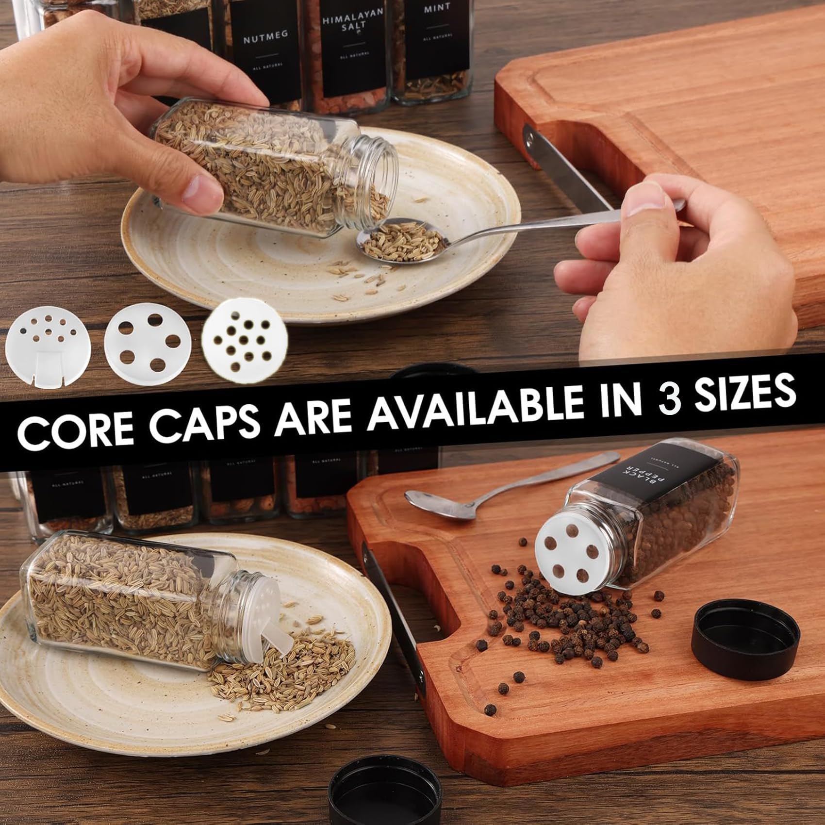 Lot de 24 bocaux à épices avec insert à saupoudrer de 120 ml + 192 étiquettes étanches - Bocaux à épices hermétiques carrés - Saupoudreur à épices en verre - Spice Jars Set - Bocaux à épices