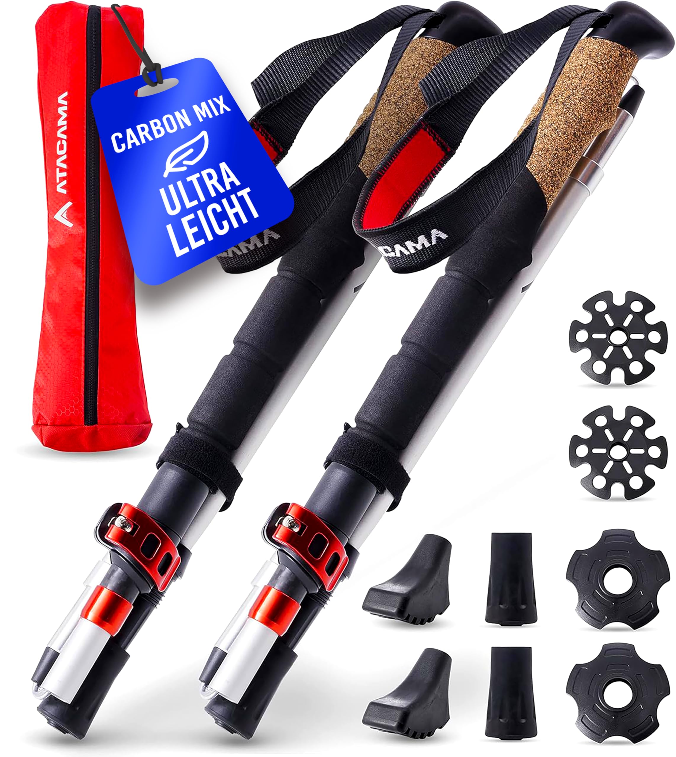 ATACAMA Wanderstöcke verstellbar aus Carbon oder Aluminium mit Korkgriff | Ergonomische Nordic Walking Stöcke für Damen & Herren | Leichte Trekkingstöcke Teleskop für Bergsport und jedes Gelände