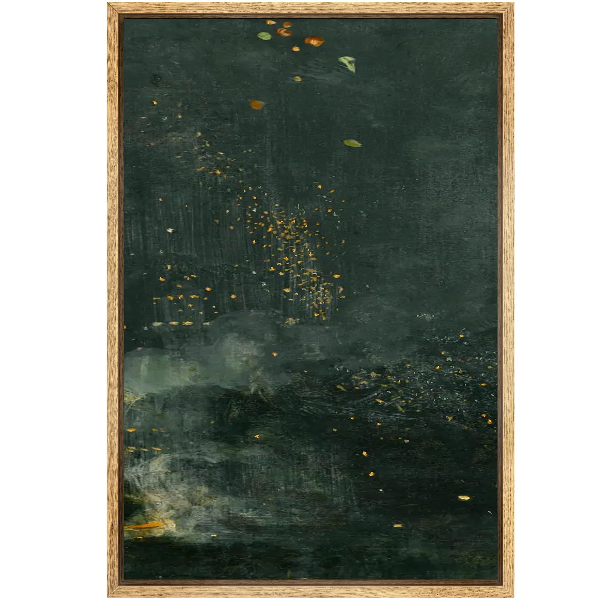 SIGNFORD Framed Canvas Print Wall Art Starry Night Flora Abstract Plant with Gold Accents Dark Green Botanical Illustrations Decorative Zen for Living