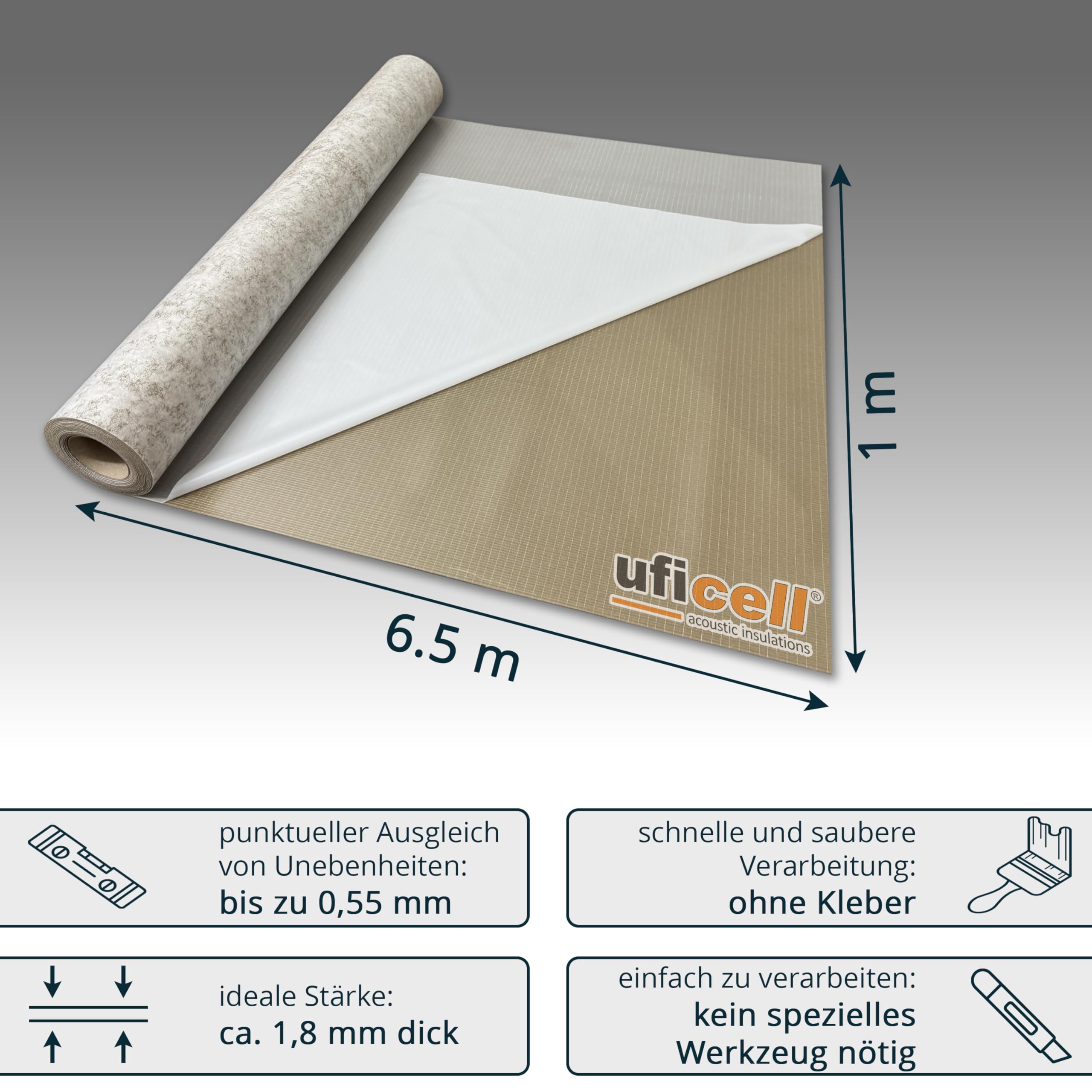 Dämmmatte uficell® VinoStick® silentPremium, selbstklebende Akustikmatte für Klebe Vinylböden, Flächengewicht ca. 2,6 kg/m² Druckfestigkeit: 450 kPa, Rollengröße: 6,5 m² (1 Rolle | 6,5 m²)