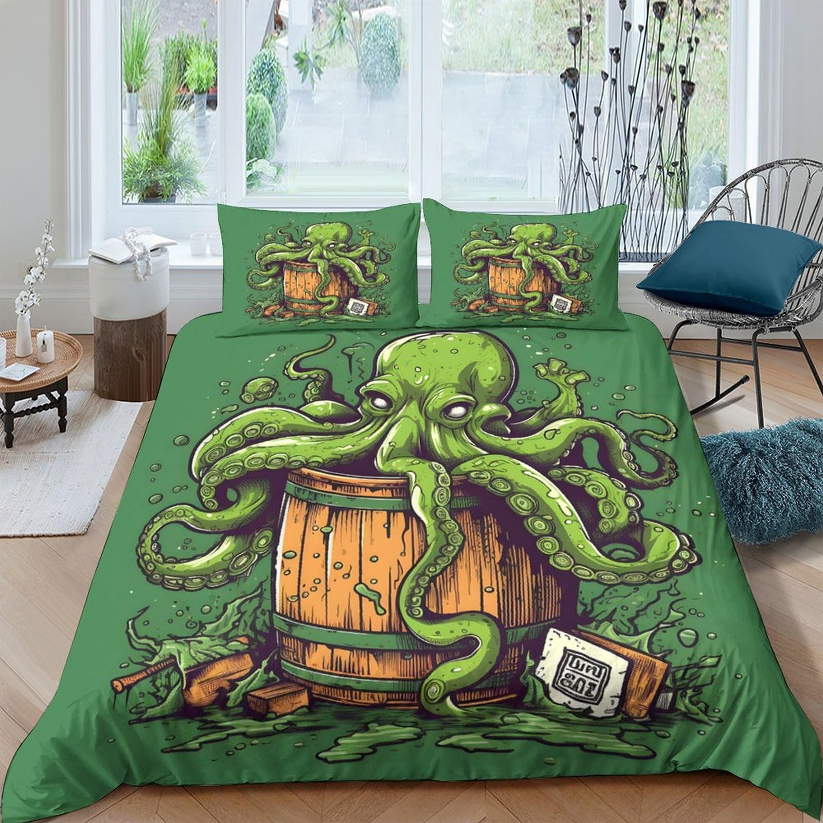 Ctjqhvkz Style-6 3D Printed Octopus Barrel Fitted Sheet Microfiber Green Cartoon Bed Cover For Bedroom Dorm Mattress Decor Protection Single（135X200cm）