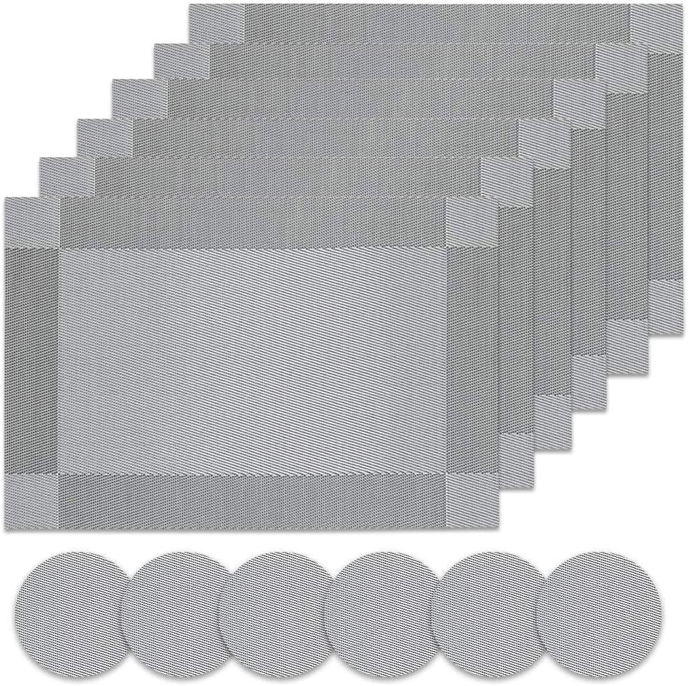 Place Mats, Simple Table Place Mats and Coasters Sets of 6 - Premium Heat Resistant Washable Tableware Square Dining Table Mats (18"X12" Silver grey)