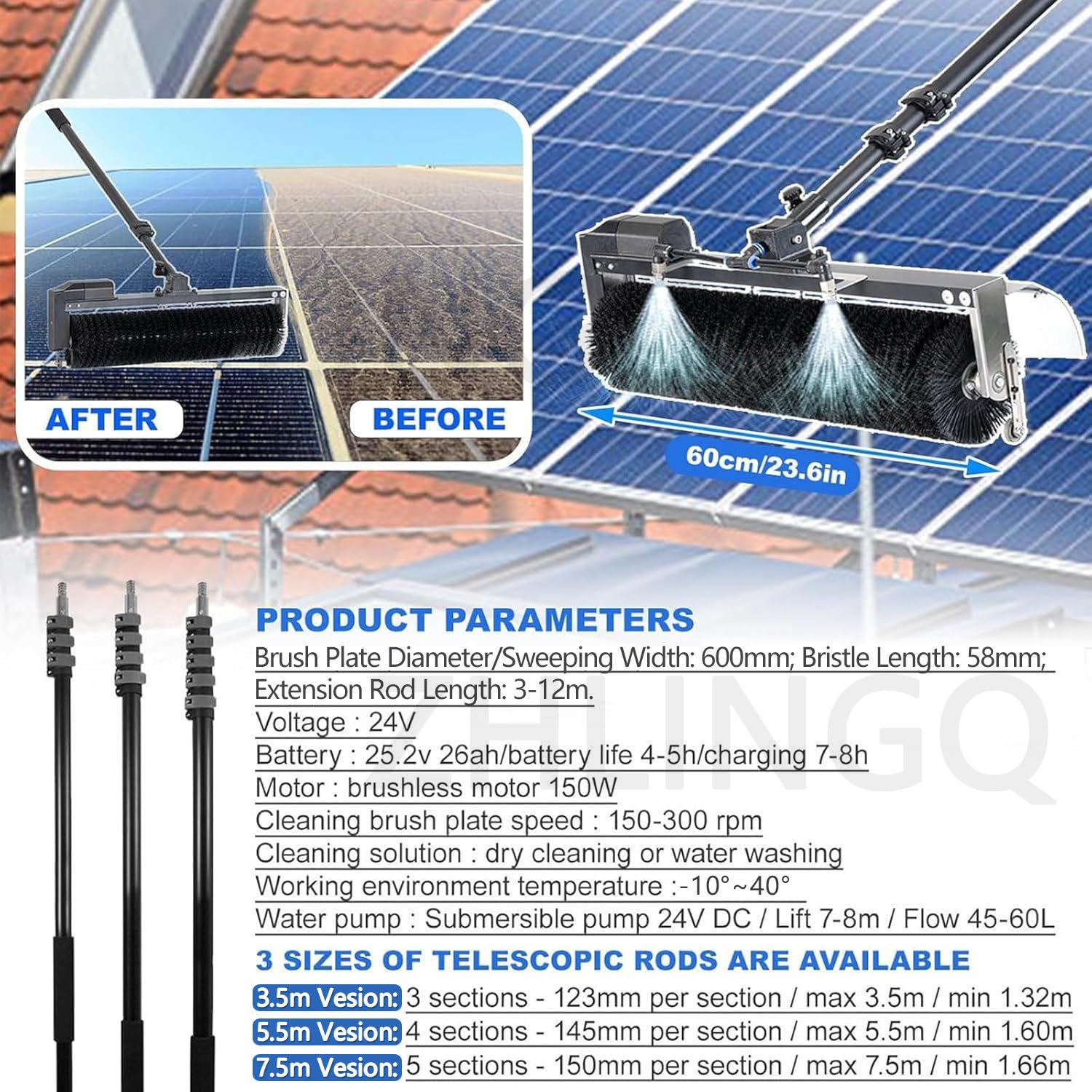 Verstellbare Solarpanel-Reinigungsrolle mit langer Reichweite, weiche Fensterreinigungsbürste für effektive Photovoltaik-Wartung, professionelle Rotationsausrüstung