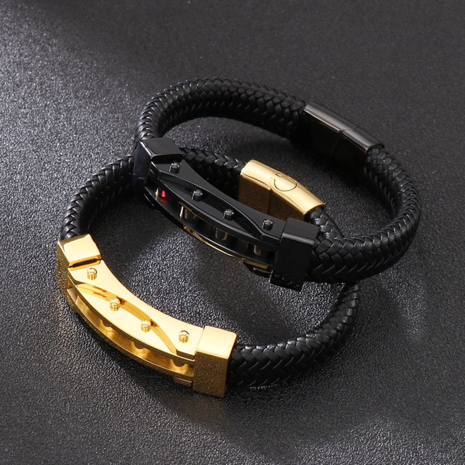Bracelet Cuir Large Homme, Bracelet St Valentin Acier Inoxydable Cuir Tressage de Panier Chaîne de Moto Simple Engagement Cadeau Bijoux Homme