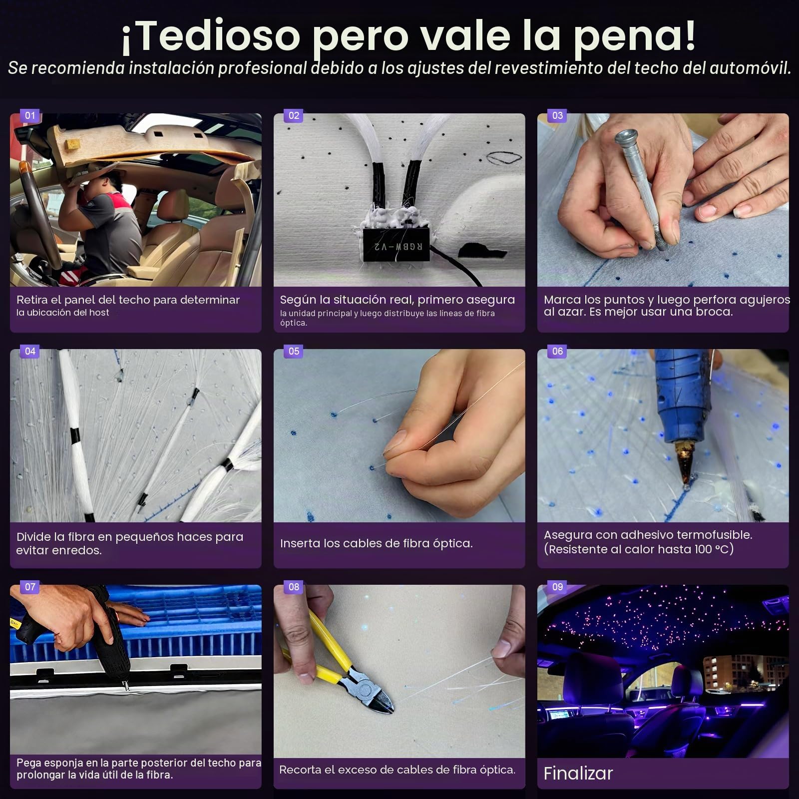 Juego de 800 luces de estrella RGBW de fibra óptica de 0.04 pulgadas y 5 pies para coche con 4 cabezales de luz, mini motor de 16 W, fácil de ocultar, cableado flexible, aplicación/control remoto para