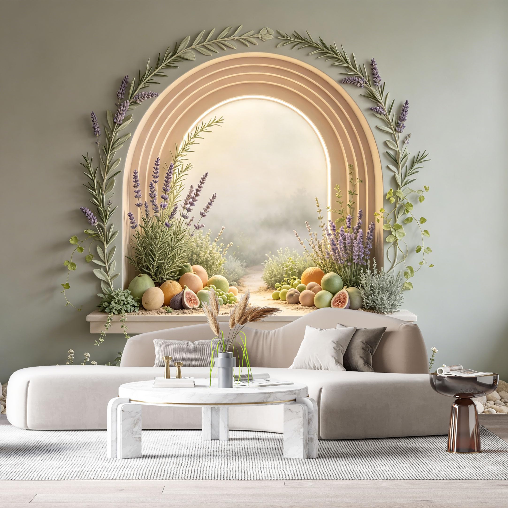 Custom Size Wall Murals Arch Window Lavender Fruit Botanical 3D Trompe L'Oeil SelfAdhesiveWall Fabric Removable Wallpaper Wall Decor for Living Room Bedroom Bathroom