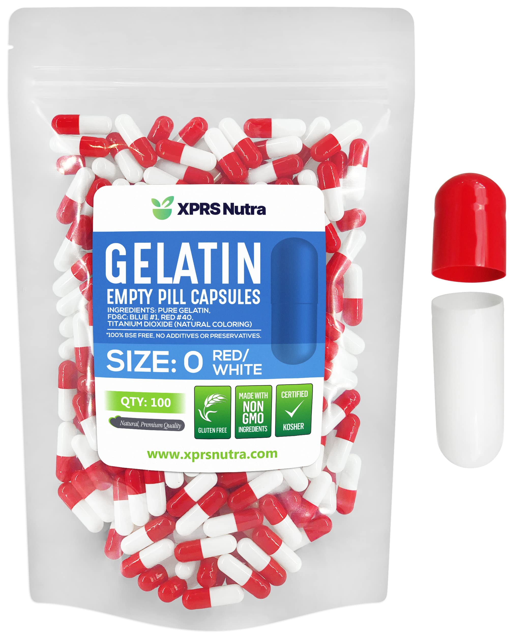 XPRS Nutra Size 0 Empty Capsules - 100 Count Empty Gelatin Capsules - Pill DIY Capsule Filling - Pure Bovine Pill Gel Caps for Do-It-Yourself Supplements (Red/White) 100 Count (Pack of 1) Red / White