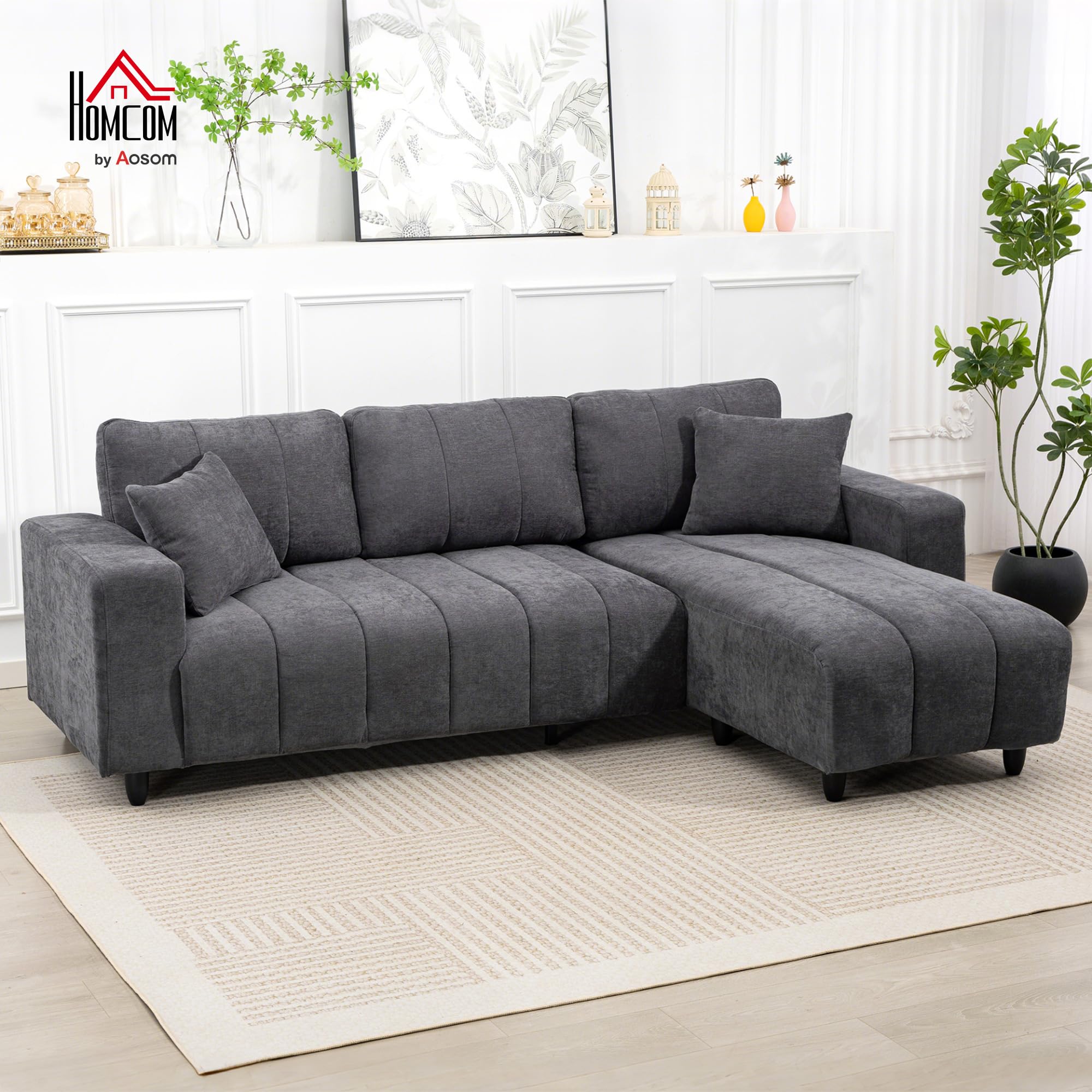 HOMCOM Sofá Chaise Longue Reversible 3 Plazas 242x156x87 cm Gris Oscuro