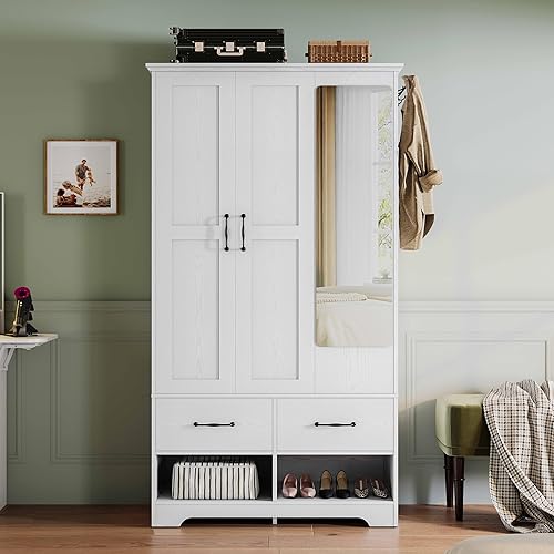 LIKIMIO Armario de 3 puertas con espejo, 2 zapateros, 70 pulgadas de alto, armarios de madera con 2 cajones y estantes ajustables, armario de