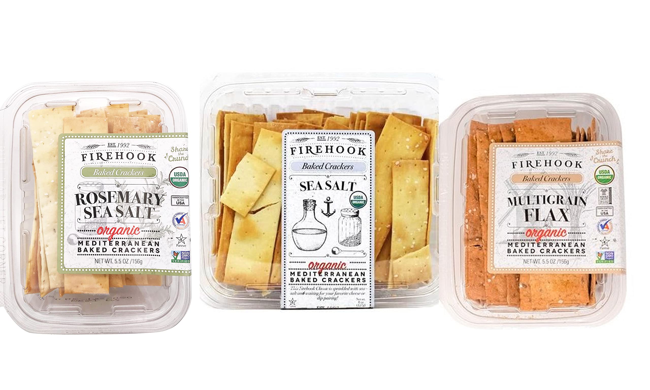 Firehook Baked Crackers Multigrain Flax, Rosemary & Seasalt Organic Mediterranean Crackers 3 Pack Bundle