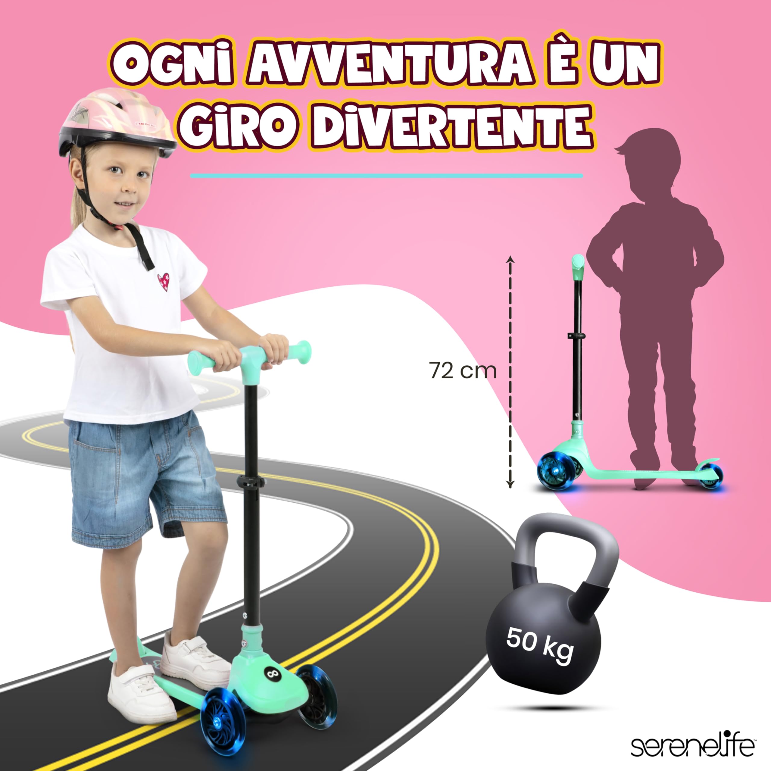 SereneLife Monopattino Bambino Pieghevole, Monopattino Bambina a 3 Ruote con Luci LED, Manubrio Regolabile e Freno, Monopattino a 3 Ruote, Scooter per Bambini e Bambine dai 3 Anni fino a 50 kg