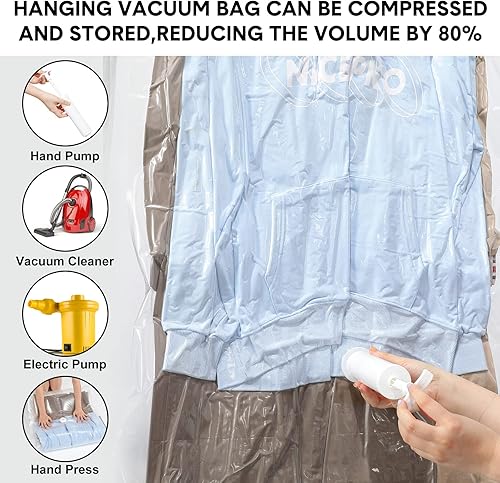 Miniatura 6 de Shappy 10 bolsas colgantes de almacenamiento al vacío para ahorrar espacio y sellar ropa con 1 bomba de mano, 5 largas de 53 x 27.6 pulgadas, cortas