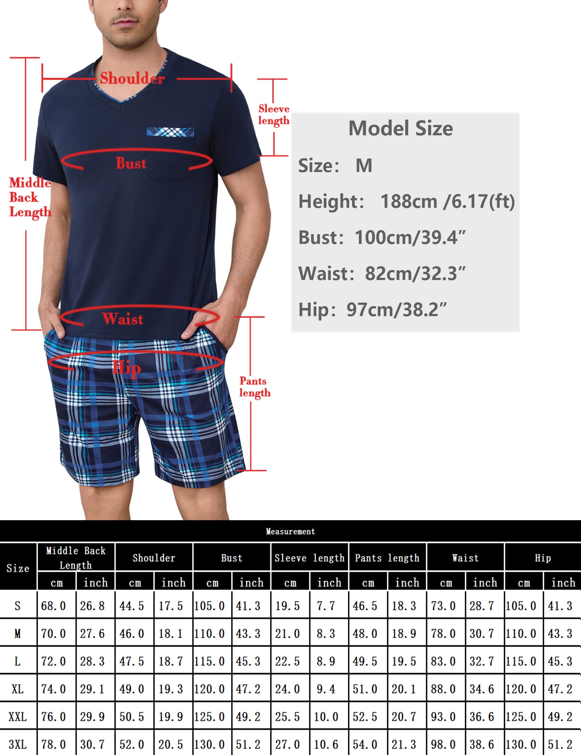 Aseniza Schlafanzug Herren Pyjama Kurz Baumwolle Shorty Sommer Kurzarm Zweiteilige Nachtwäsche Schlafanzüge Set für Männer