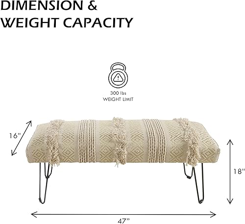 Miniatura 3 de LR Home Anastasia - Banco tapizado copetudo natural y dorado para el extremo de la cama, banco de acento moderno a rayas para sala de estar,