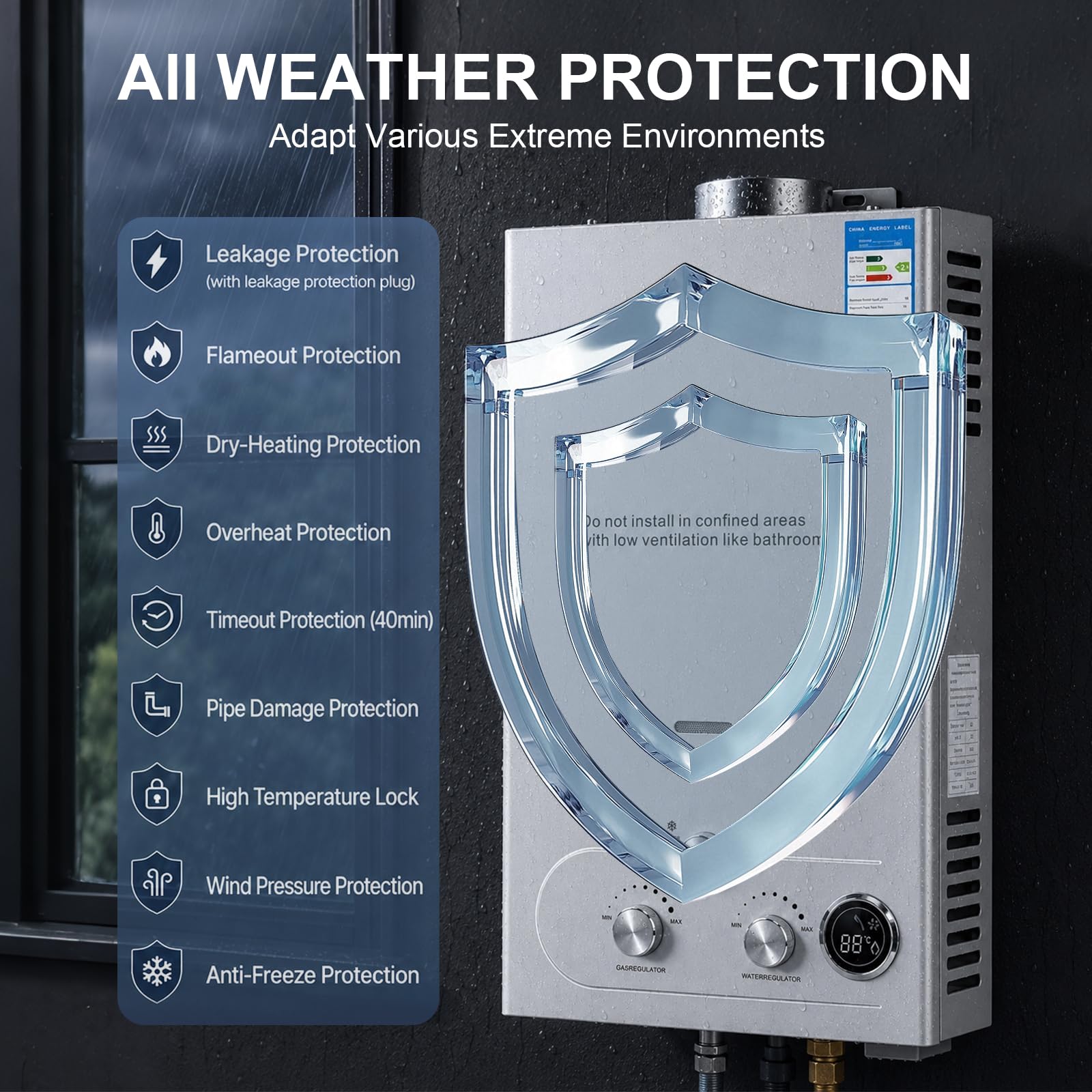 18L 36KW Calentador de Agua de Gas GLP 18L/min Butano y Propano Calentador de Agua LPG Instantáneo Portátil,Válvula de Actualización, para Ducha Al Aire Libre,Baño,Camping