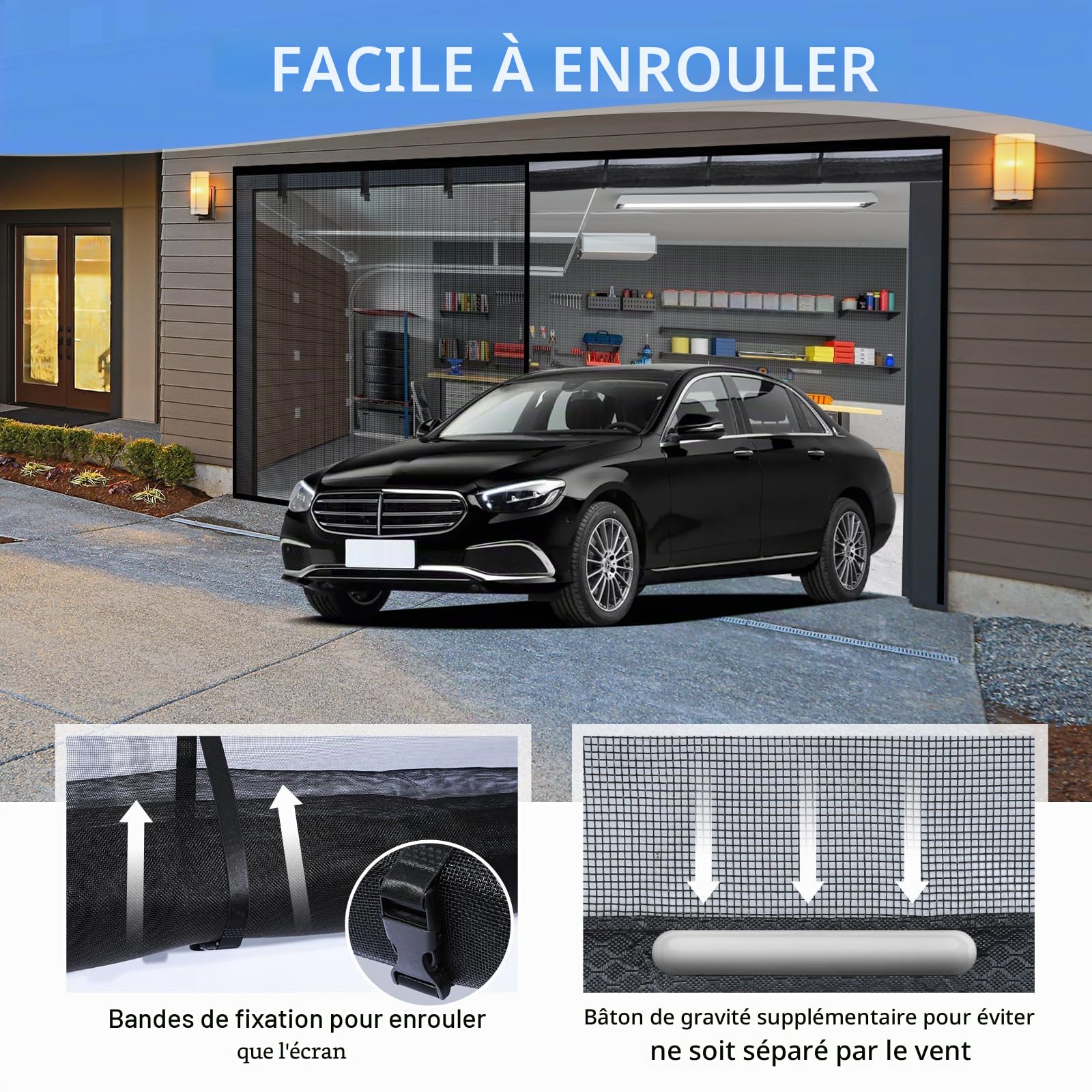 Moustiquaire de porte de garage pour 1 voiture – 2,7 x 2,4 m – Moustiquaire magnétique avec maille en fibre de verre rétractable et fond lourd, montage facile et passage, kit de porte à moustiquaire à