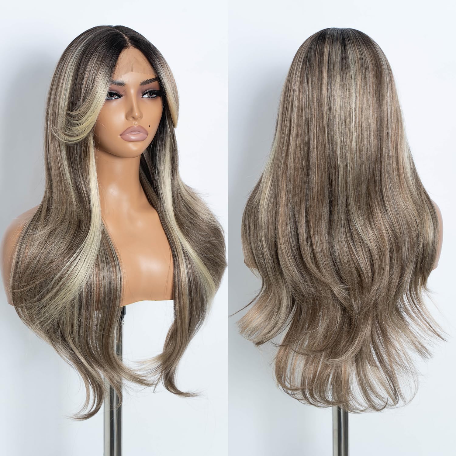 Sponsored Ad – Style Icon Long Layered Wave Lace Front Wigs with Curtain Bangs 26 Inches Highlight Blonde Straight Hair Synthetic T Part Lace Wig (NTSA4/10/23B/613C)