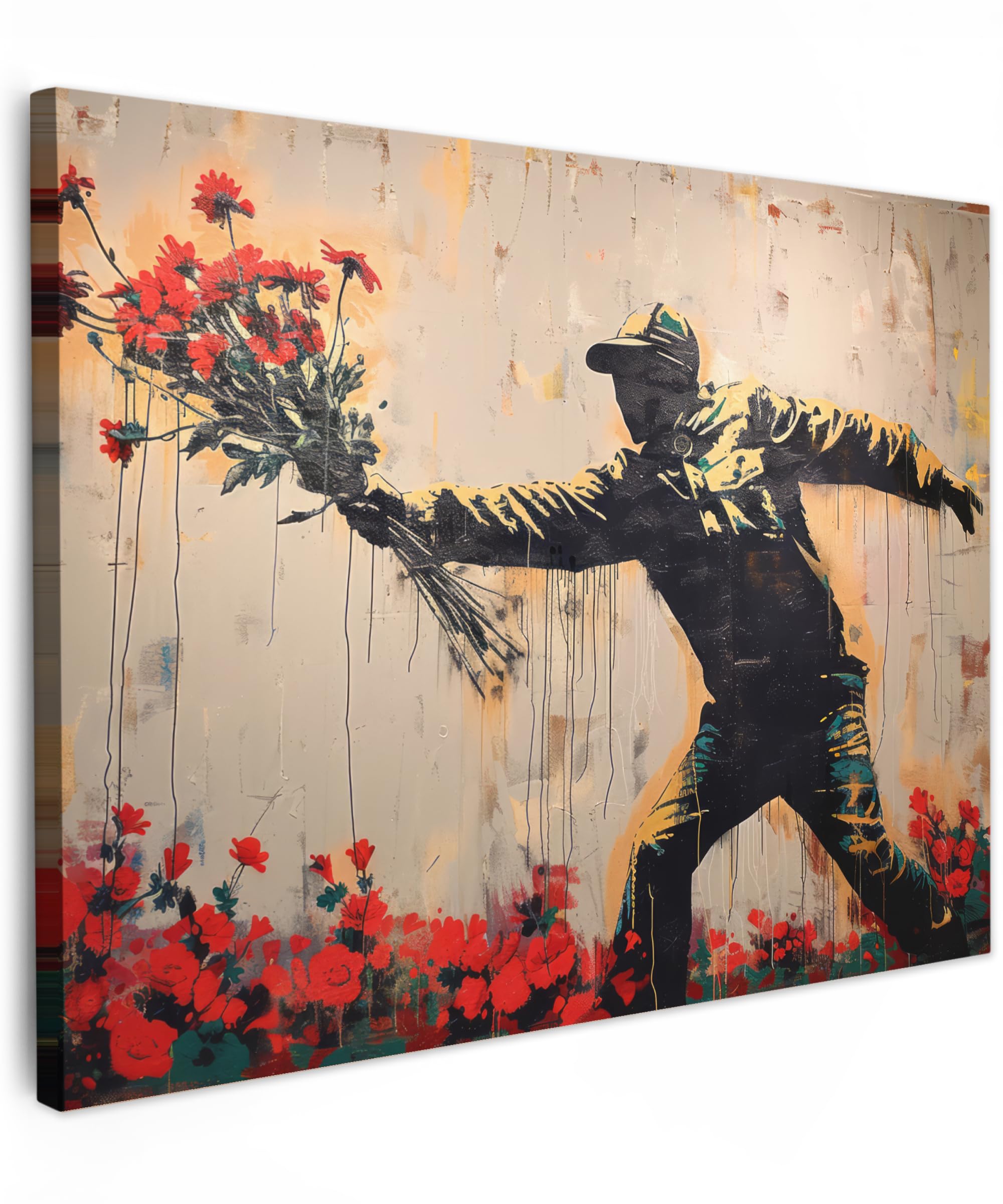 MuchoWow© Wandbilder 70x50 cm Wohnzimmer Wanddeko Schlafzimmer Zimmerdeko Wandgemälde Zimmer Deko auf Wand Dekoration Wall Art Street art - Mann - Blumen - Rot - Graffiti - Banksy