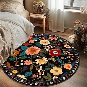 Floral 4ft Area Rug Machine Washable Soft Print Boho Carpet Non Slip Doormat Low Pile Flower Area Rugs for Living Room Bedroom Nursery Kitchen Dining Room Indoor-Black
