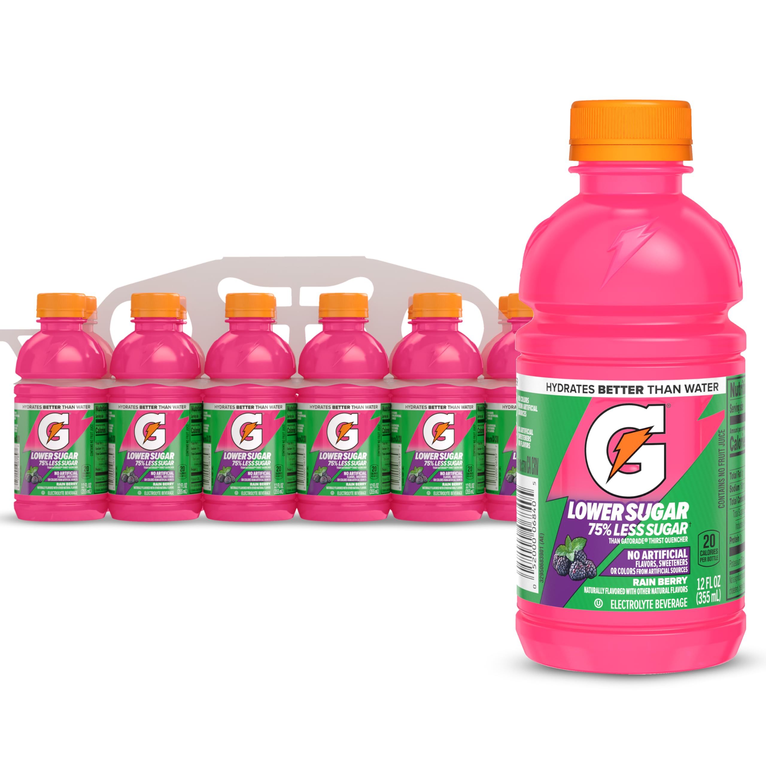 Gatorade Lower Sugar Electrolyte Sports Drink, Rain Berry, 12 fl oz Bottles, (12 Pack), 75% Less Sugar, No Artificial Flavors, No Artificial Sweeteners, No Artificial Colors, Hydration