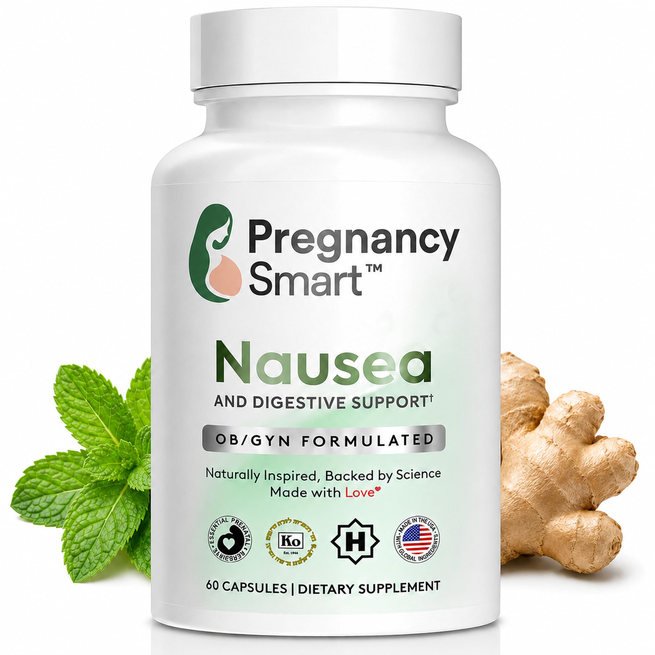 Ginger, Vitamin B6 & Electrolytes, 60 Ct | Gentle Digestive Comfort, Motion Sickness, +GLP-1 Support with Peppermint, Potassium, Magnesium, OB/GYN Formulated, Vegetarian Capsules