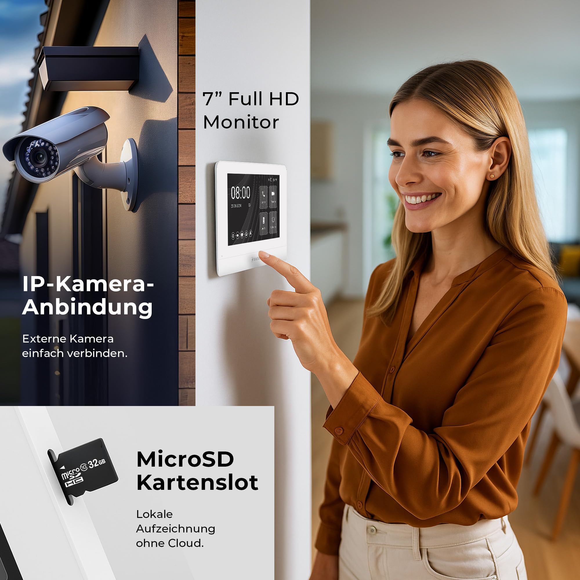 Entri wideodomofon, natynkowy dzwonek do drzwi z kamerą, aplikacja na smartfon, 1 dom rodzinny, dzwonek do drzwi, monitor HD 7", kamera Full HD, interkom z otwieraczem do drzwi i dzwonkiem, 2 przewody