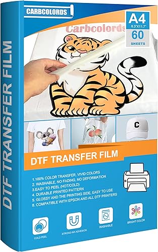 Carbcolords Película de transferencia DTF, 60 hojas A4 (8.3 x 11.7 pulgadas), papel de transferencia de calor transparente para pretratamiento, para