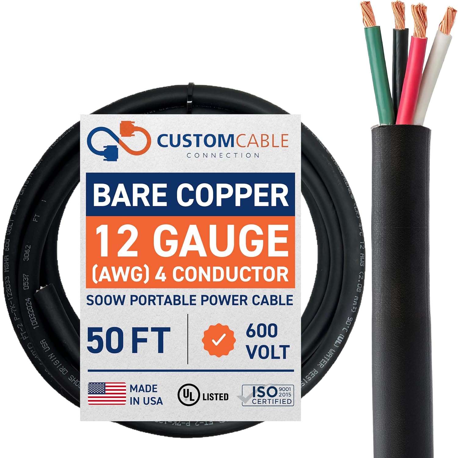 12/4 SOOW 12 AWG 4 Conductor 600 Volt Portable Power Cable - 50 Foot