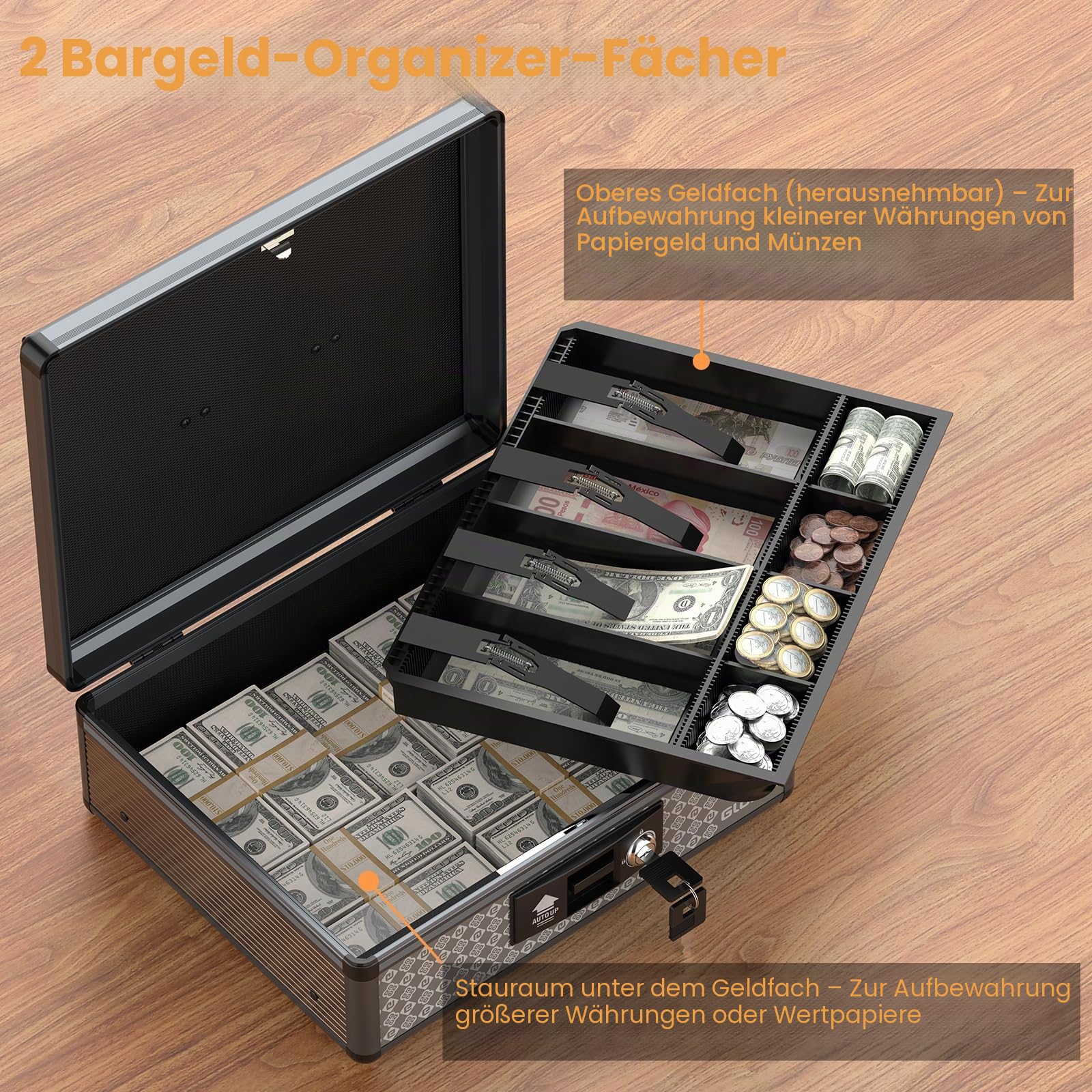 Geldkassette mit Schloss, Spardose mit Schlüssel & herausnehmbarem Münzfach 11.4 x 5.3 x 13.5 Zoll (Extra groß) | 4 Münzablagen, Schlüsselschloss mit 2 Schlüsseln, Stauraum unten, langlebige Aluminiumlegierung