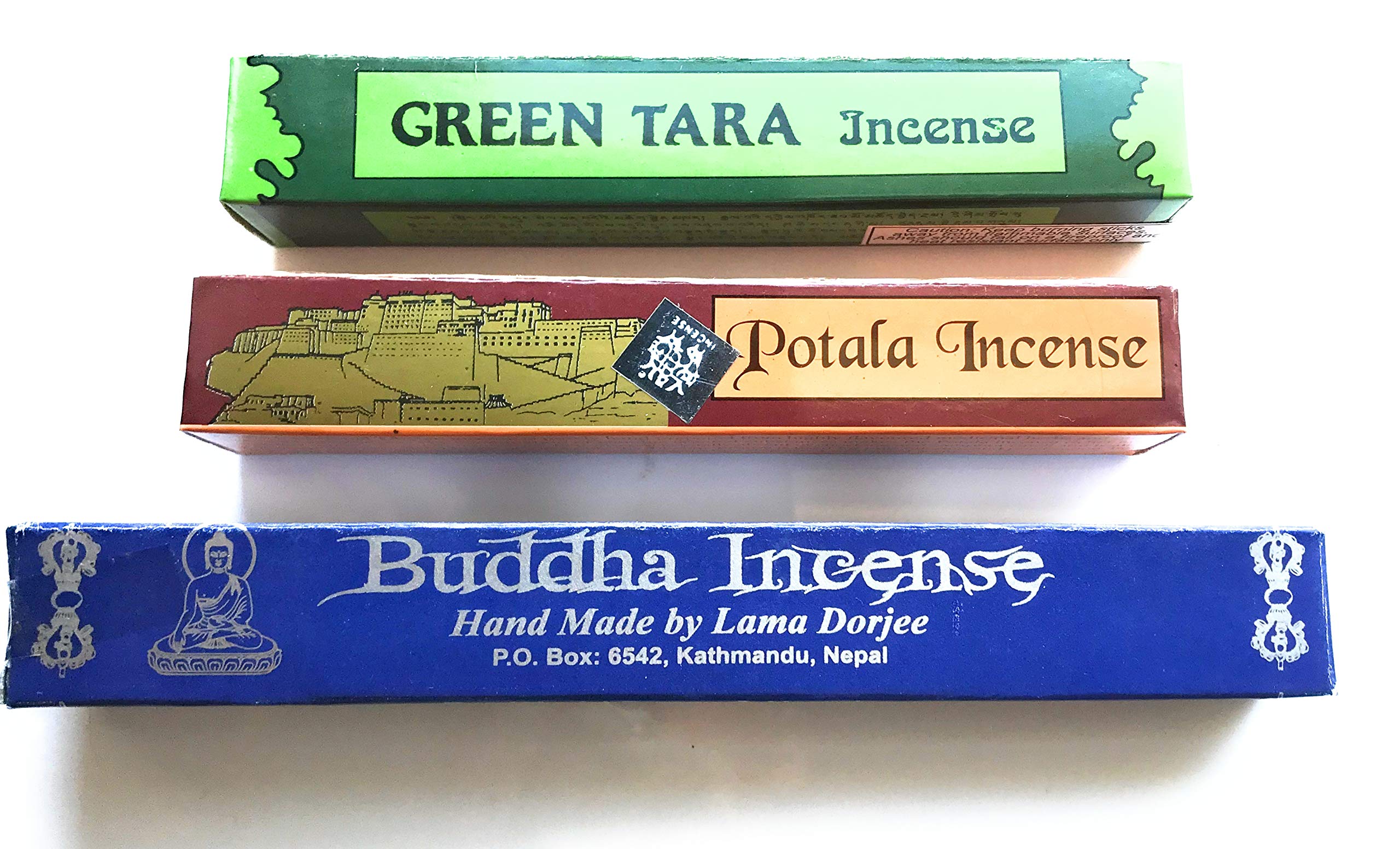 Tibetan Incense 3 box Variety | Buddha Incense x 25 sticks | Green Tara x 19 sticks | Potala incense x 17 Sticks (Total 61 sticks)