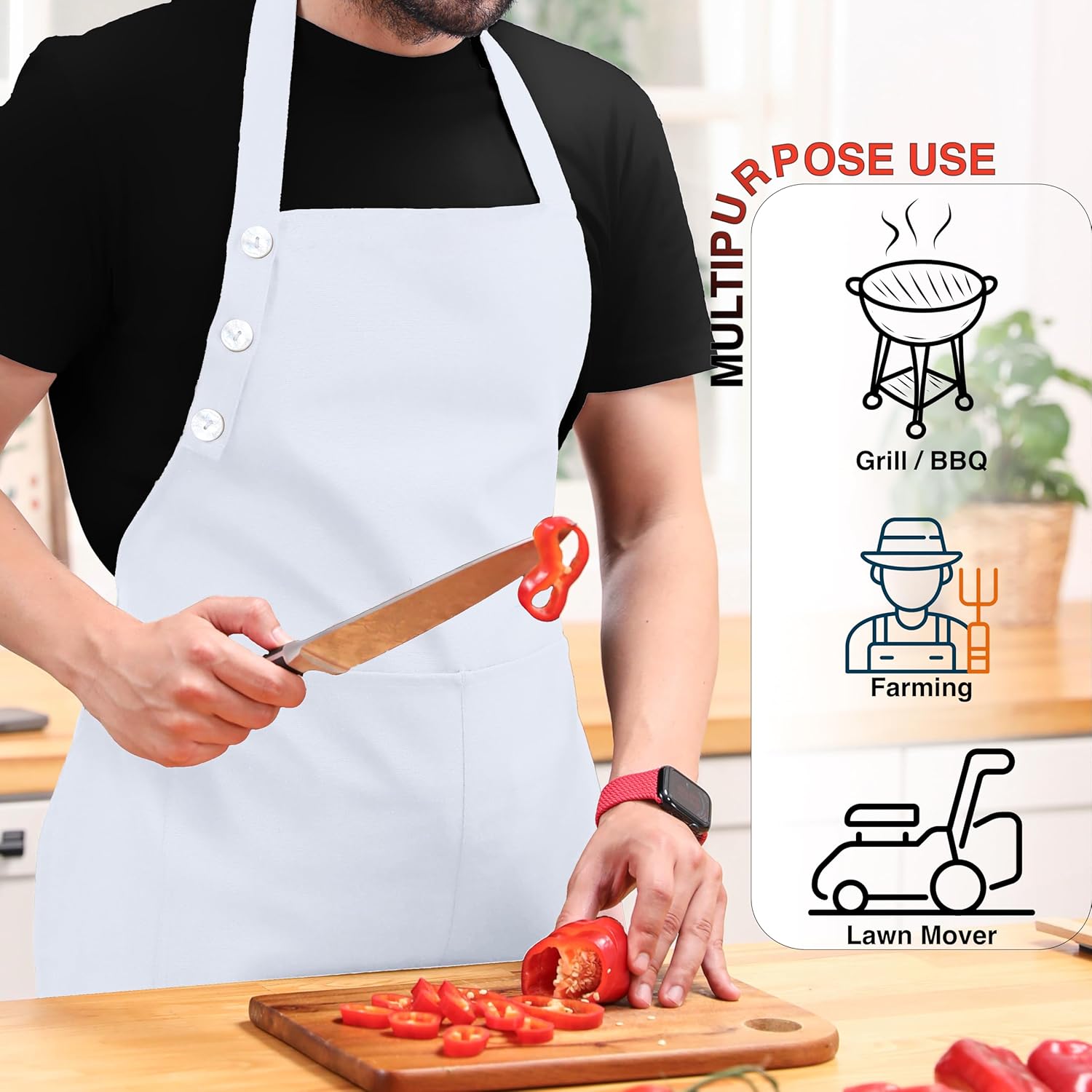 TOSHE Kitchen Apron Waterdrop Resistant Cotton Apron with adjustable Aprons for Women with Pockets 10 Color option Cooking White Apron(White) - Image 4