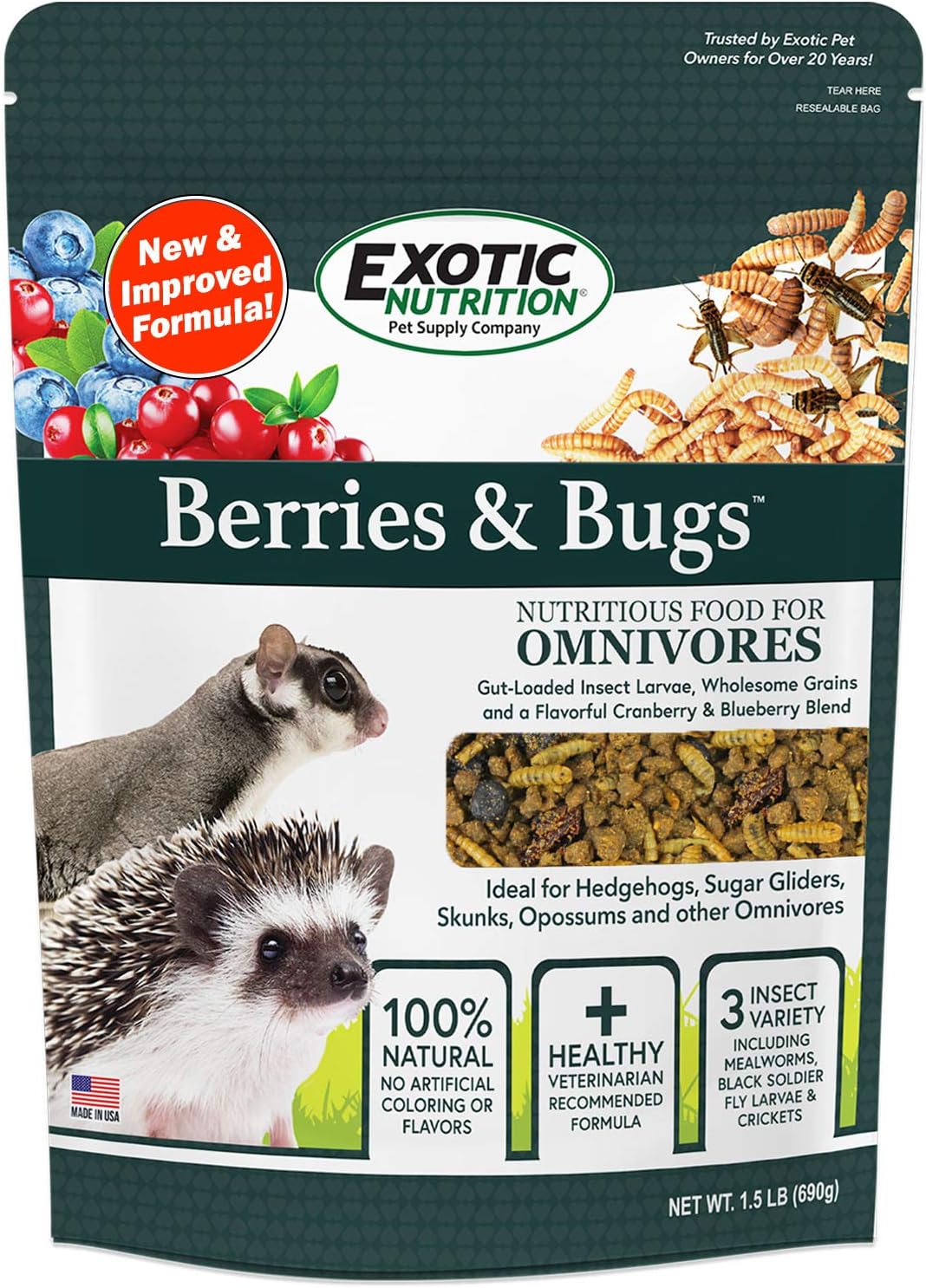 - Berries & Bugs 3 lb. - All Natural High Protein High Fiber Insectivore Diet with Fruit, Gut-Loaded Insects, & Healthy Vitamins - Hedgehogs, Sugar Gliders, Skunks, Opossums & Other Insectivores