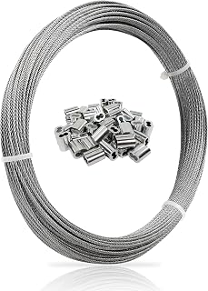Monkemon 1/16" 304 Stainless Steel Wire Rope 100FT with 50 Crimp Sleeves, 7x7 Aircraft Cable 368lbs Strength for Trellis, Clothesline, Railing