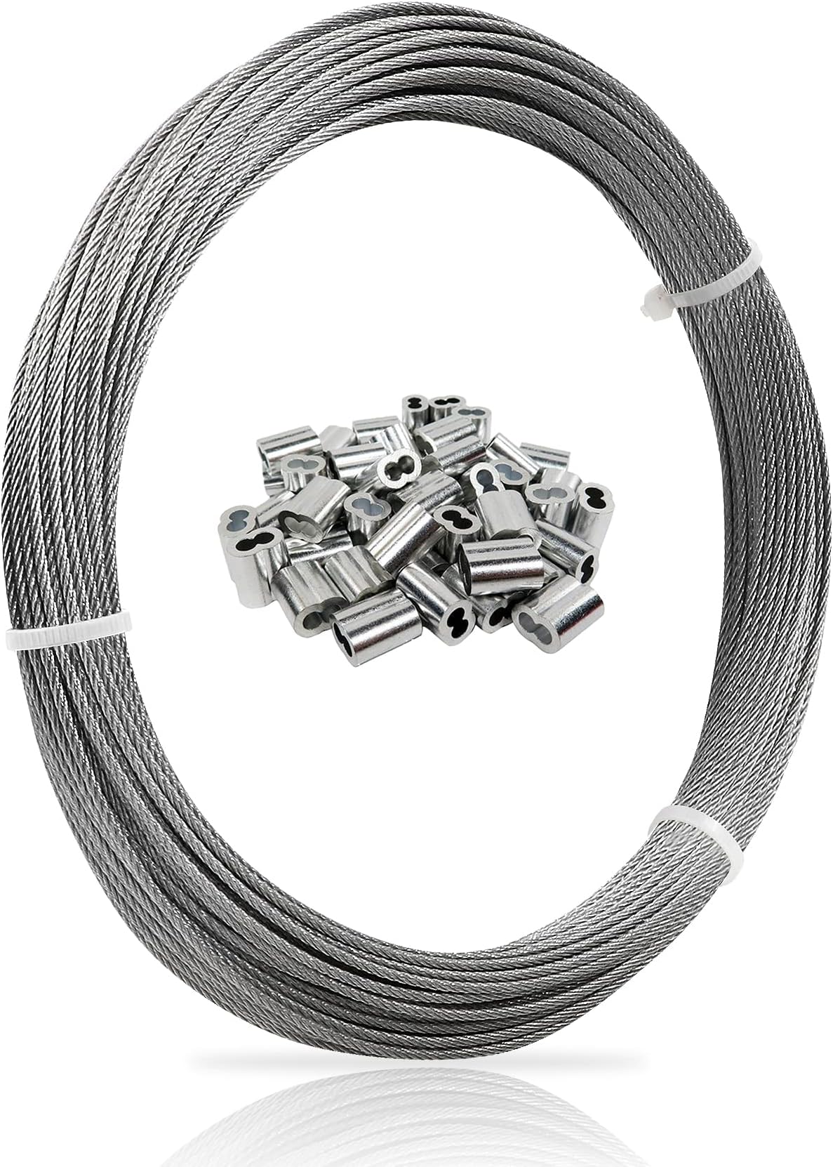 1/16 Wire Rope, 100FT 304 Stainless Steel Cable with 50Pcs Crimp Sleeves, Aircraft Grade, 7x7 Strand, 368lbs Breaking Strength, for Garden Trellis, Clothesline, Railing,Trellis