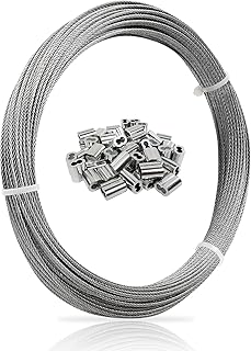 1/16 Wire Rope, 100FT 304 Stainless Steel Cable with 50Pcs Crimp Sleeves, Aircraft Grade, 7x7 Strand, 368lbs Breaking Strength, for Garden Trellis, Clothesline, Railing,Trellis