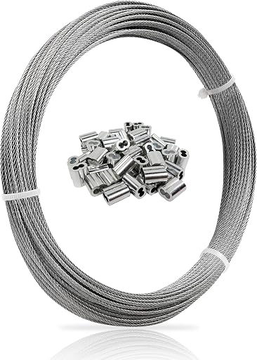 1/16 Wire Rope, 100FT 304 Stainless Steel Cable with 50Pcs Crimp Sleeves, Aircraft Grade, 7x7 Strand, 368lbs Breaking Strength, for Garden Trellis, Clothesline, Railing,Trellis