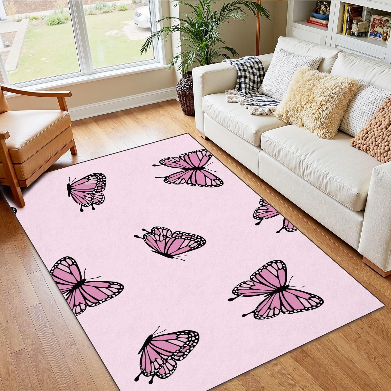 4x5 Pink Boho Rug Rugs for Living Room Rugs for Entryway Pink Butterfly Drawings Seamless Repeating Pattern Texture Bedroom Rug Door Mat Nursery Room Decor Rainbow Carpet