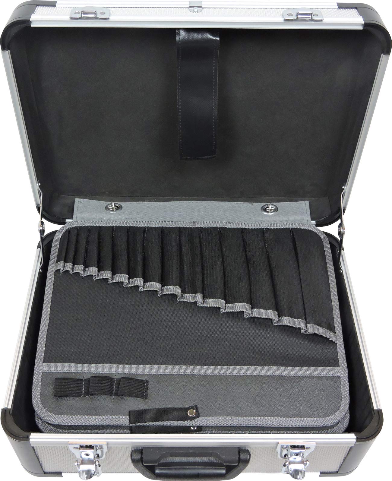 Famex 700-L - Maletín de herramientas de aluminio con 2 paletas con 56 bolsillos para insertar, carga máxima de 30 kg, compartimento en el suelo del maletero, vacío, sin herramientas, 460 x 355 x 180