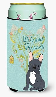 Caroline's Treasures BB7632TBC Welcome Friends Black French Bulldog Tall Boy Hugger Can Cooler Sleeve Hugger Machine Washable Drink Sleeve Hugger Collapsible Insulator Beverage Insulated Holder