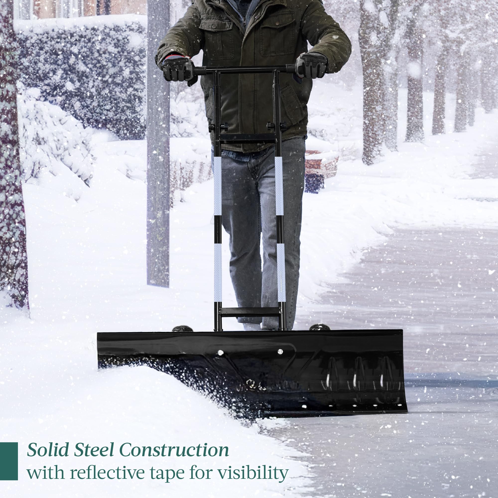 Best Choice Products 36in Heavy Duty Steel Snow Shovel Pusher for Driveway w/Wheels, Adjustable Handle, Angled Blade, Efficient Snow Removal, Back Saver Snow Plow with Safety Reflective Tape - Black