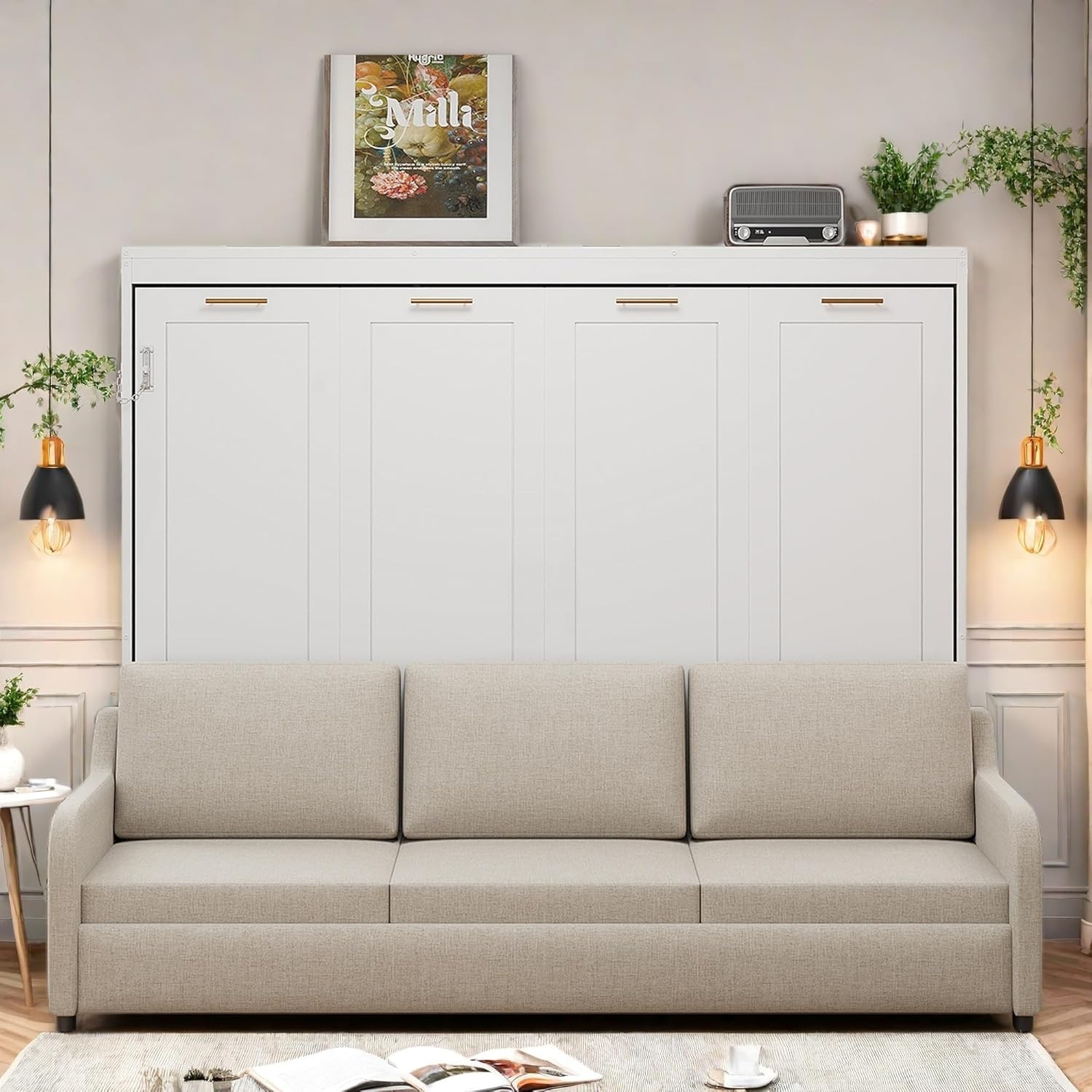 SOFTSEA Horizontal Murphy Cabinet Bed with Folding Sofa and LED Light, Queen Size Modern Hidden Folding Wall Bed Frame with Built-in Storage Shelves, for Home Guest Room Office, Beige