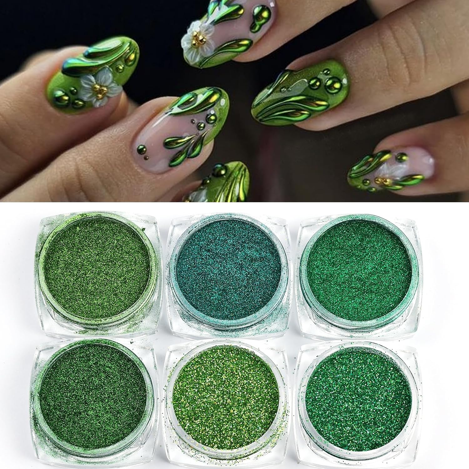Green Chrome Powder for Nail Art 6PCS Metallic Chrome Nail Powder Pigment for Spring Summer Nails Art DIY Shiny Wheat Field Green Nail Glitter Rubbing Dust Manicure Designs Supplies
